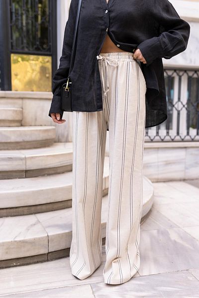 Askı Nişantaşı Stone Wide Leg Elastic Waist Striped Linen Trousers