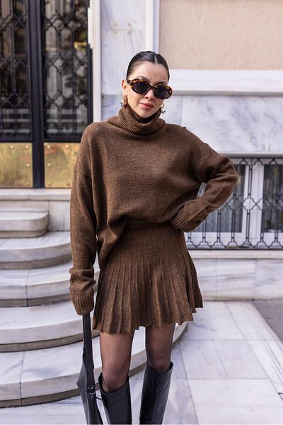 Askı Nişantaşı Coffee Turtleneck Knitwear Skirt Set