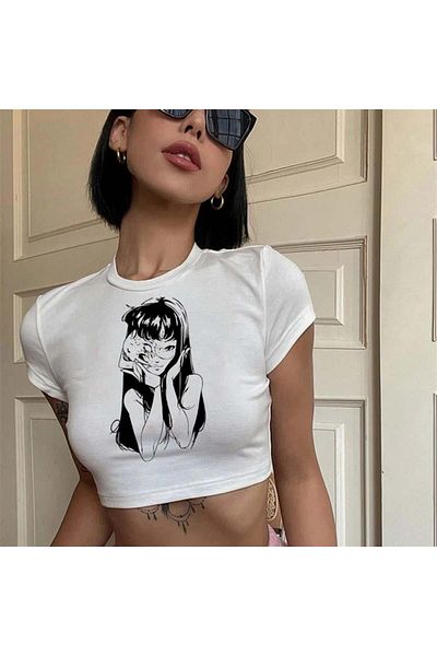 Touz Crop alb cu imprimeu Junji Ito