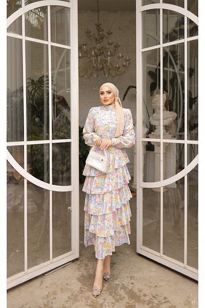 HELEN Floral Patterned Pleat Detailed Waist Belted Dress