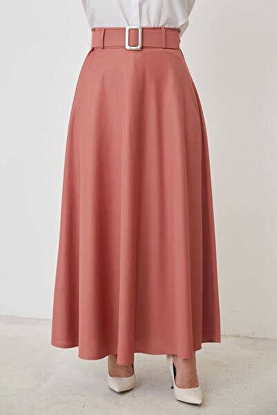 Moda Ebva Kemerli Kloş Etek-3078 Gülkurusu