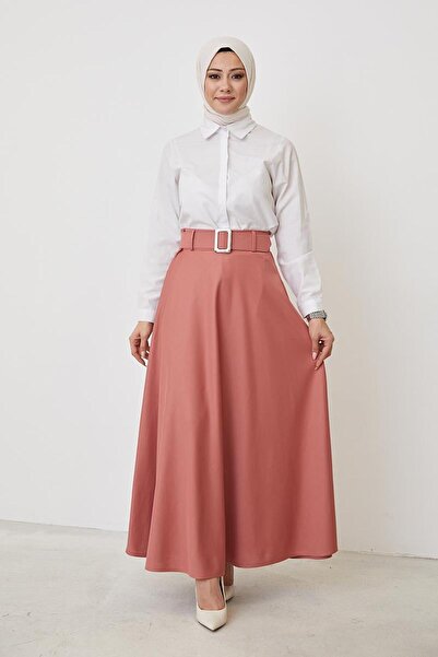 Moda Ebva Kemerli Kloş Etek-3078 Gülkurusu