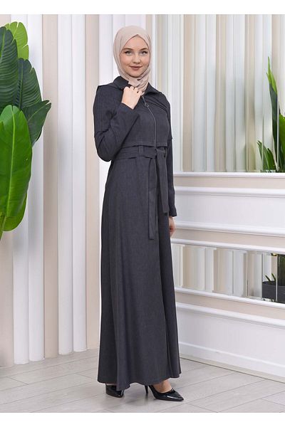 Modamix Zippered front Hooded-Belt Hijab Overcoat 1212