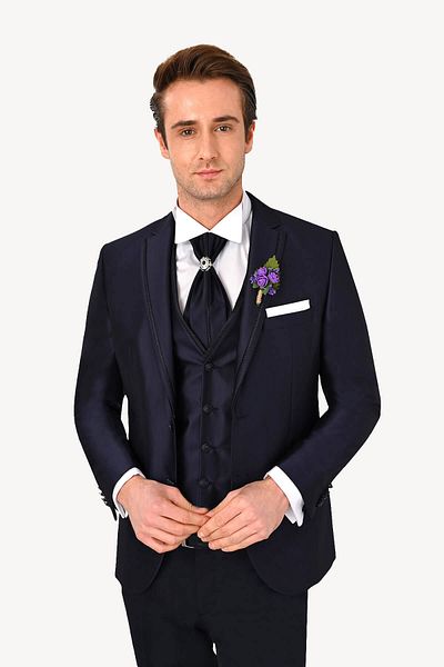 Ysf Men's Navy Blue Slim Fit Mono Collar Vest Groom Suit