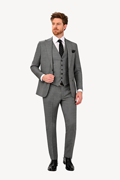 Ysf Erkek Gri Sivri Yaka Slim Fit Yelekli Takım Elbise