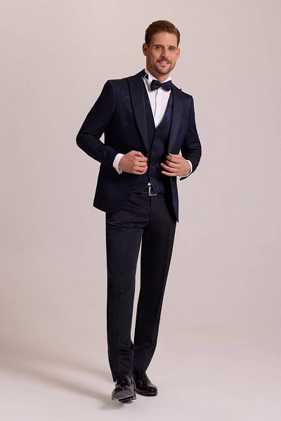 Ysf Men's Navy Blue Slim Fit Swallow Collar Patterned Groom Suit