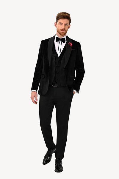Ysf Men's Black Vest Shawl Collar Slim Fit Groom Suit