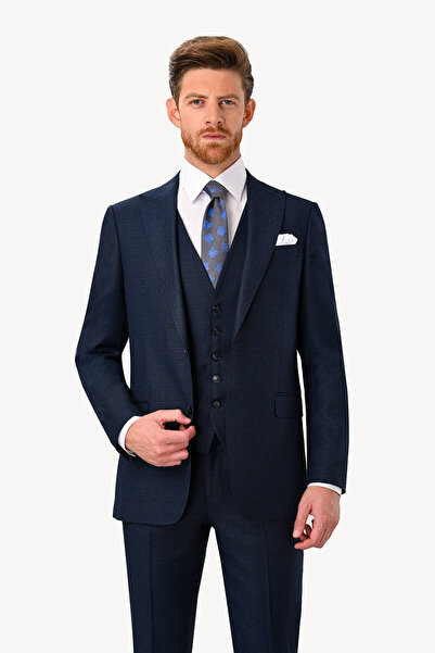 Ysf Erkek Lacivert Regular Fit Sivri Yaka Yelekli Takım Elbise