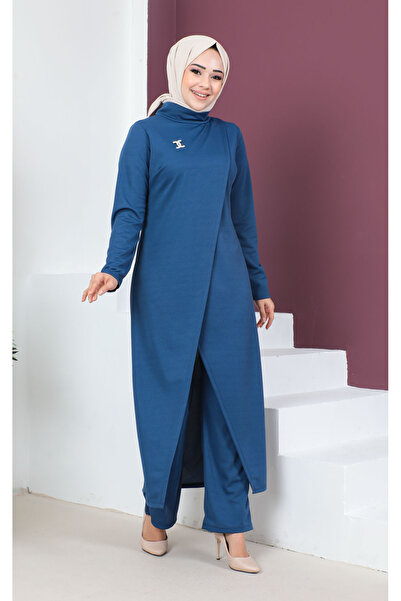 Moda Ebva Broşlu Asimetrik Kesim Ikili Takım-3132 Indigo