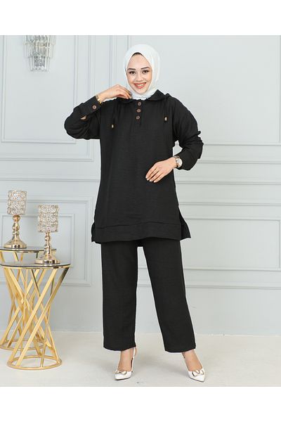 MY POLO Linen Hooded Double Hijab Set - Black 3170