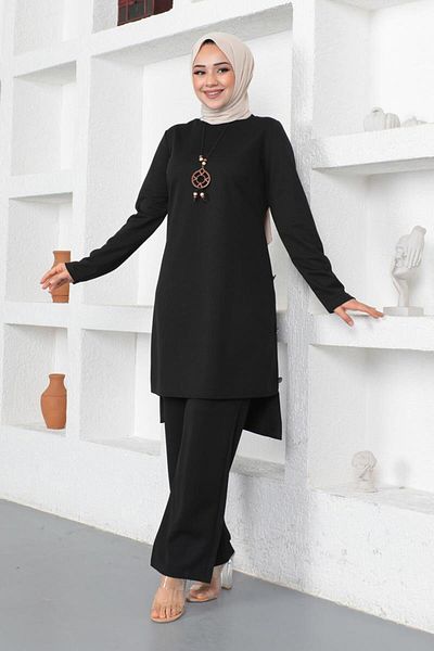 Moda Ebva Necklace Button Detailed Double Hijab Suit-3127 Black