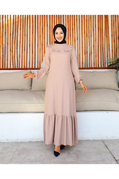 Moda Ebva Kolu Lastikli Fırfır Detay Tesettür elbise-3161 Vizon