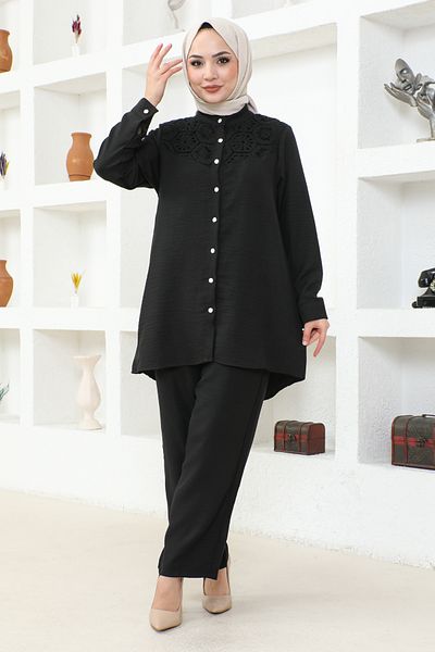 Neva Lace Double Hijab Set-3328 Black
