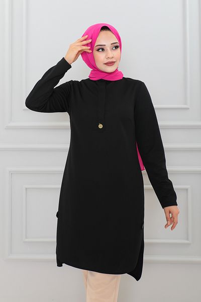 Moda Ebva Hijab tunic with Button Detail on the Sides-3145 Black