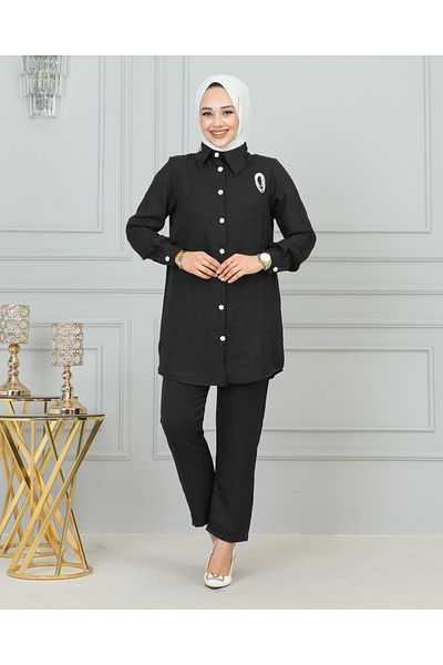 LAVİEN FASHİON Shirt Collar Brooched Double Suit-4010 Black