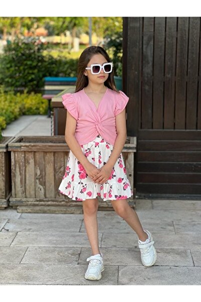 Eybabykids Σετ κοριτσίστικη ροζ φούστα, φλοράλ τοπ και κάτω