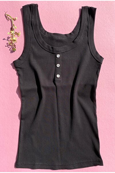 VicTroy Seta Bianca Ribbed 2-Piece Button Detailed Thick Strap Black and White Color Women's Undershirt 64V63