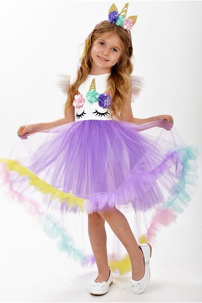 Buse&Eylül Bebe Unicorn Patterned Girl's Party Dress - Lilac Tail and Rainbow Crown
