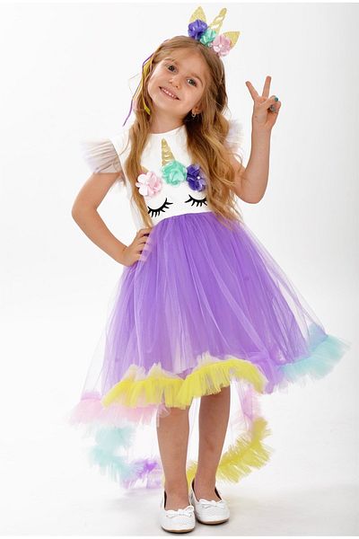 Buse&Eylül Bebe Unicorn Patterned Girl's Party Dress - Lilac Tail and Rainbow Crown