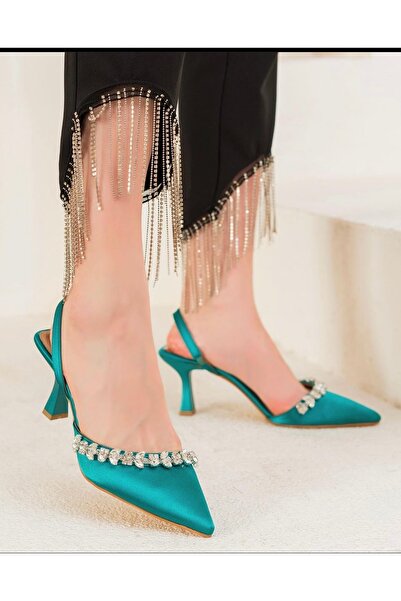 Hacıoğlu Ayakkabı Pantofi cu toc elegant pentru femei Hco Satin Row Stone