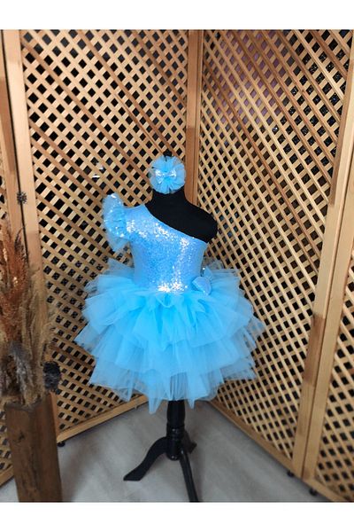 babysmile One Shoulder Blue Hologram Tutu Dress