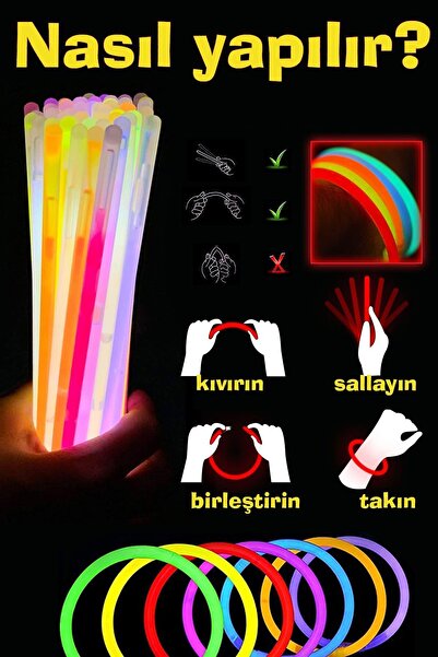 CARNIVAL LAND Fosforlu Neon Karanlıkta Parlayan Çubuklar 100lü Set Bileklik Kolye Yapma Doğum Günü Sınıf Etkinlik