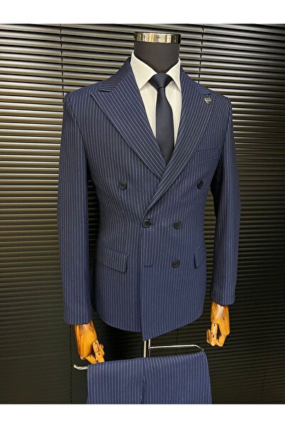 Terziayhan lacivert slim fit çizgili kemik düğme kruvaze