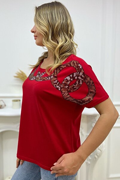 RICH GLAM Loose Fit Leopard Crystal Stone Large Size Red Stylish Comfortable Women's T-shirt