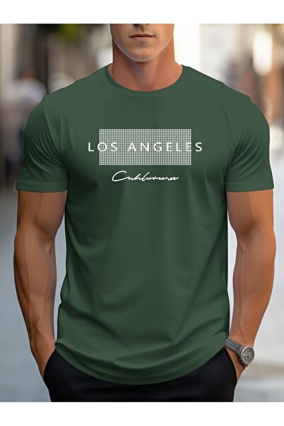Let's Wear تي شيرت رجالي فاخر - طباعة لوس أنجلوس، رقبة دائرية