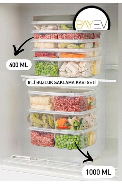 Bayev Set of 8 - 4 Refrigerator, Meat Mincer and Vegetable Storage Container, Compartment Freezer and Deep Freezer