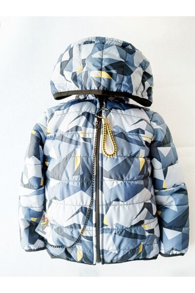GallanD Puffer Jacket Children's Navy Blue Patterned Hood Fiber Seasonal Medium Thick Zipper Movable Accessory Chain