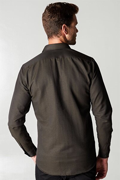 Tudors Modern Slim Fit Uzun Kollu Pamuklu Kolay Ütü Armürlü Erkek Haki Gömlek