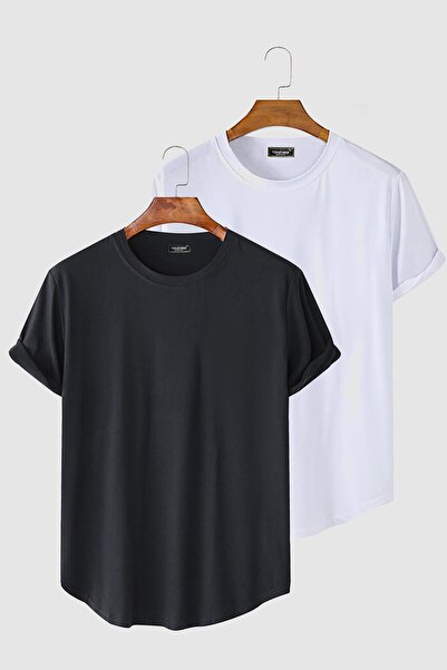 Terapi Men 2'li Erkek Antrasit-Beyaz Kolları Katlı Oval Kesim Cepsiz Bisiklet Yaka T-shirt