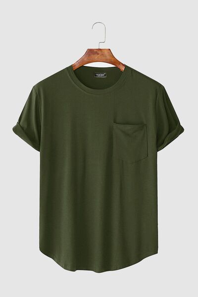 ADEGO Erkek Haki Kolları Katlı Oval Kesim Cepli Bisiklet Yaka T-Shirt