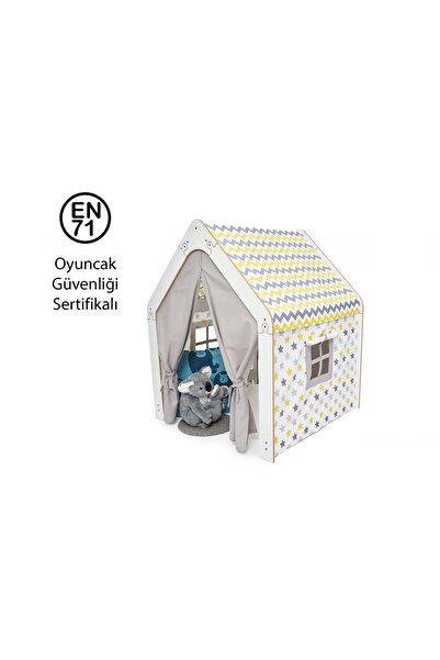 Minera Ahşap Montessori Çocuk Oyun Çadırı Evi Kızılderili Oyuncak Beyaz Sarı