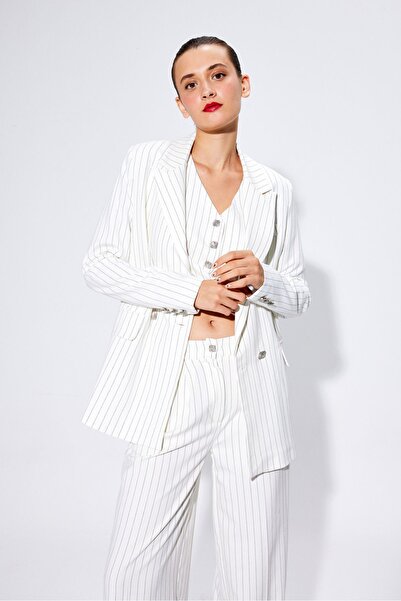 TUSSMADE Krem Çizgili Blazer Ceket
