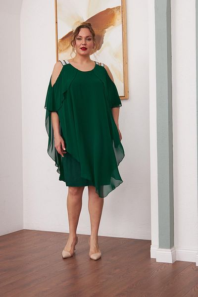 RMG Shoulder Stone Detailed Chiffon Plus Size Emerald Dress