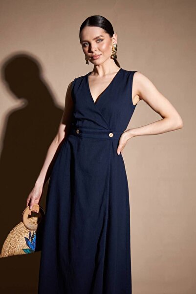 DUSOHOME Φόρεμα με σχισμή γαμπαρντίνα με διπλό στήθος και λεπτομέρεια με κουμπιά