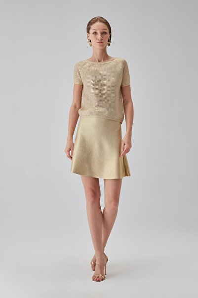 JOIN US Gold Varak Baskılı Bej Kloş Etek