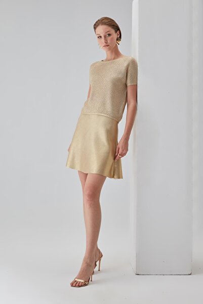 JOIN US Gold Varak Baskılı Bej Kloş Etek