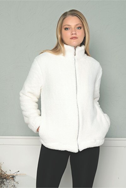 MyBen Women's Ecru Stand Collar Zipper Closure Plush Coat Sngl1212