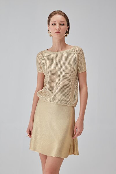 JOIN US Gold Varak Baskılı Bej Kloş Etek