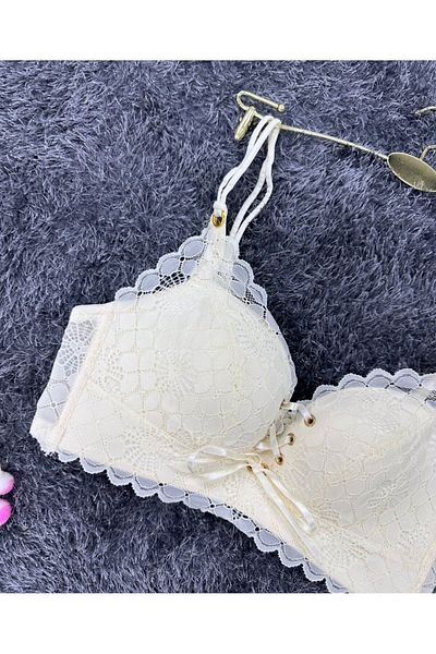 F.K Ecru Bra with Lace Detail - Front Tie and Non Support