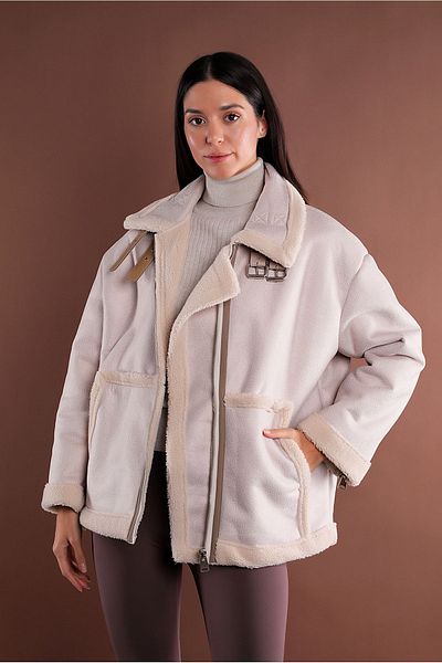Yake Faux Fur Zippered Bias Ecru Biker Jacket