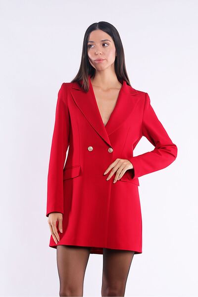 Yake Uzun Gold Düğmeli Kırmızı Blazer Ceket