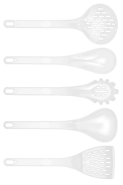 House ID Set of 5 White Teflon - Ladle, Colander, Pasta Ladle, Spoon, Spatula