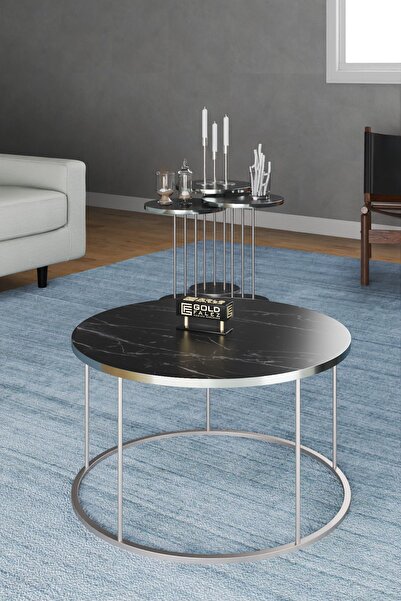 GOLDFALEZ Orta Sehpa Ve Zigon Sehpa Terra Set Gümüş Bendir