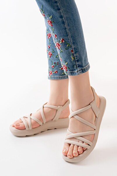 Aymood 841-841 Μπεζ Γυναικεία Σανδάλια - Ελαστικό Σχέδιο