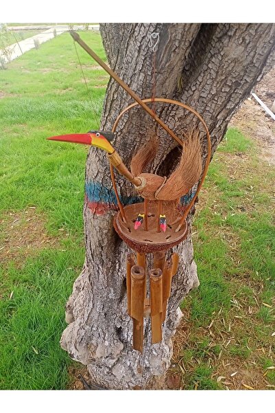 cemfa Ahşap Bambu El Yapımı Yavrulu Leylek Rüzgar Çanı Balkon Bahçe Kapı Süsü 1