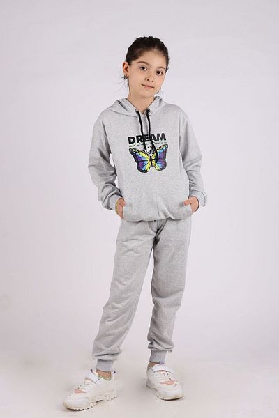 BUSEYİZ Butterfly Print Detailed Kangaroo Pocket Hooded Girl's Tracksuit Set